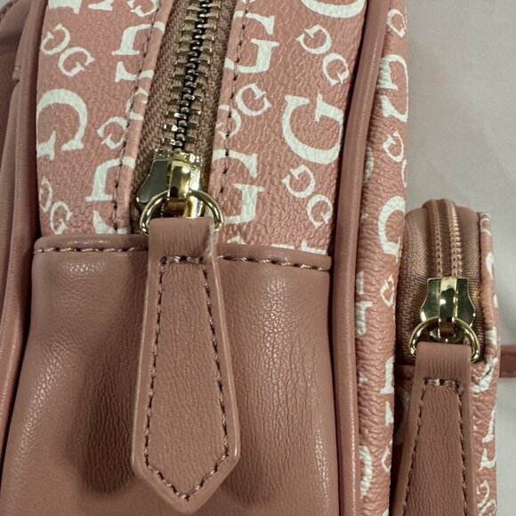 GUESS Mini Backpack Pink Logo Print Faux Leather with a Gold Tone Chain Strap - Picture 4 of 8